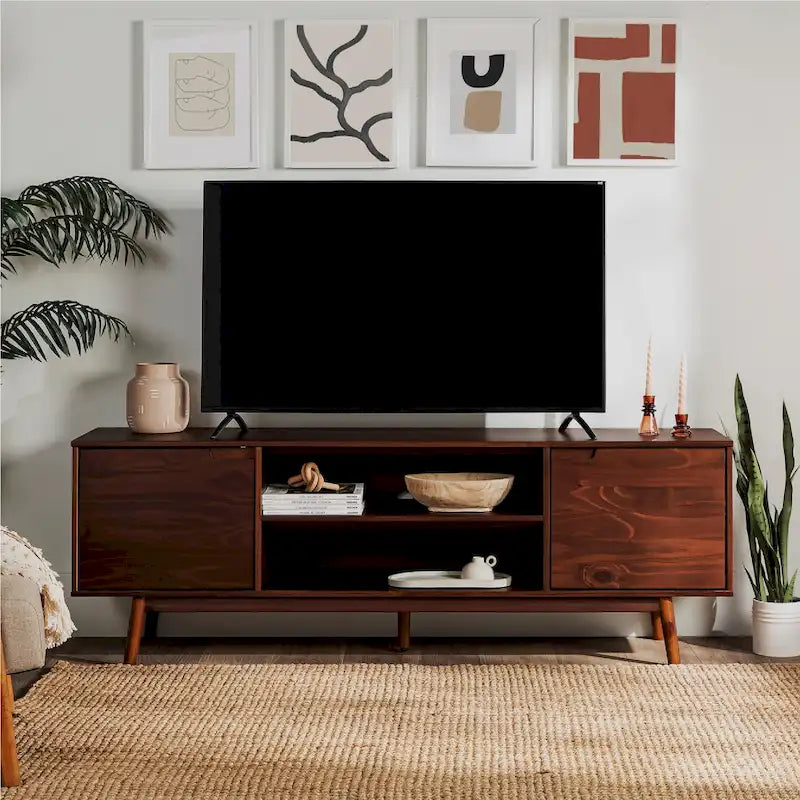 Mobile TV in legno massello di pino, design Mid-Century, con ante e ripiani aperti