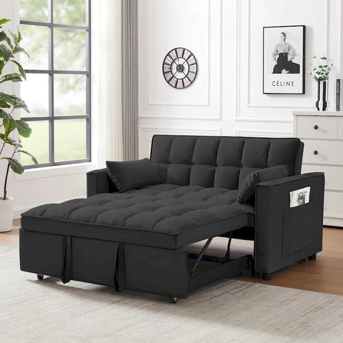 Divano Letto a 2 Posti Estraibile in Velluto Nero con Cuscini Decorativi e Tasche Laterali
