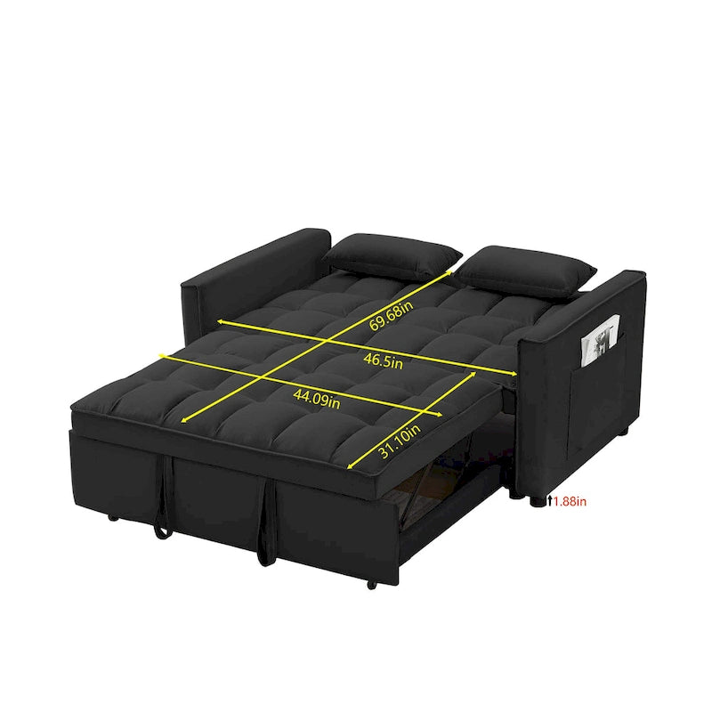 Black 55.2 Velvet Pull-Out Sofa Bed with Toss Pillows and Pockets
