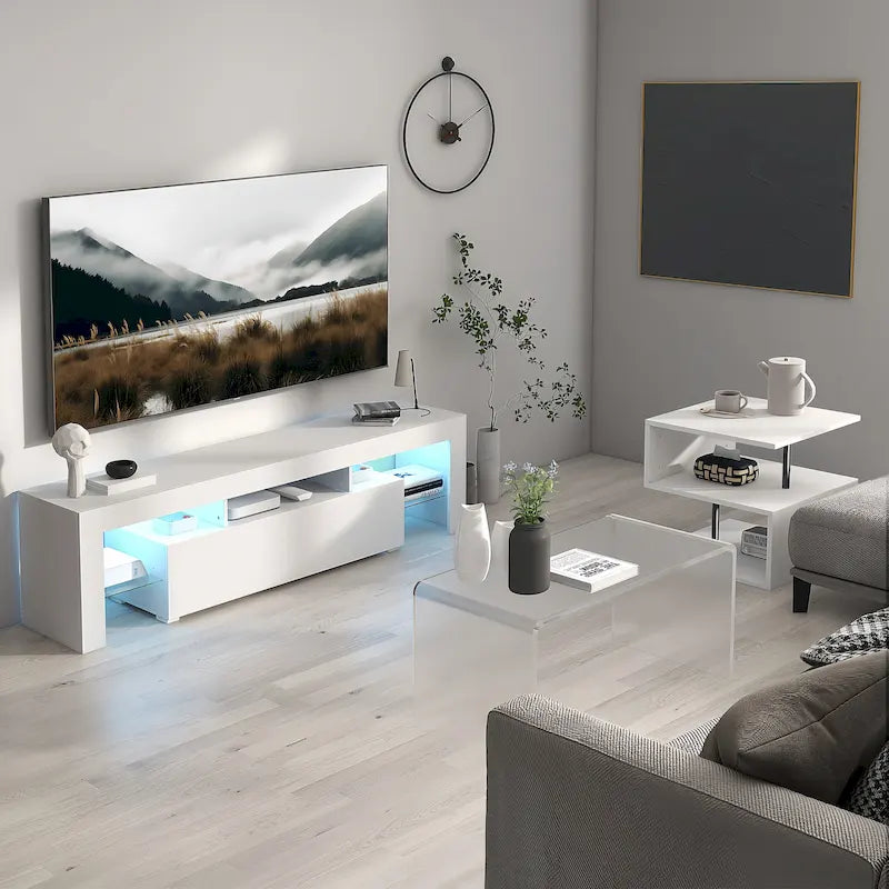 51,18 Mobile TV con anta a ribalta e ripiano in vetro per TV da 55 pollici