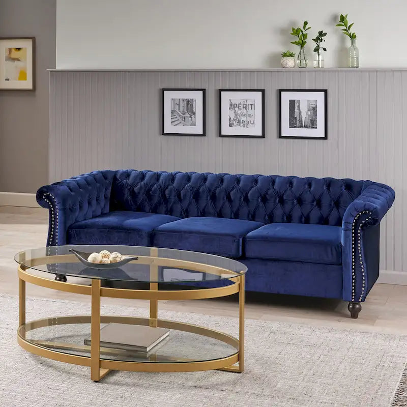 Divano Chesterfield a 3 posti da 84,75" con bottoni, borchie e piedini