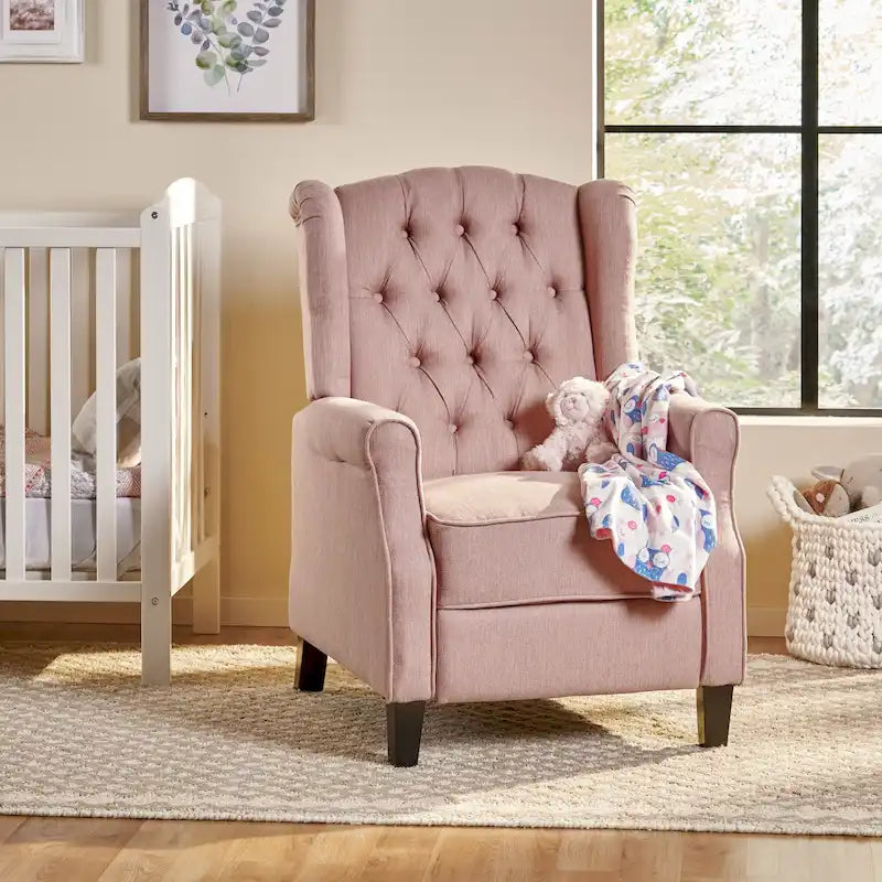 Poltrona reclinabile moderna Wingback Push-Back con poggiapiedi, capitonné, gambe in betulla