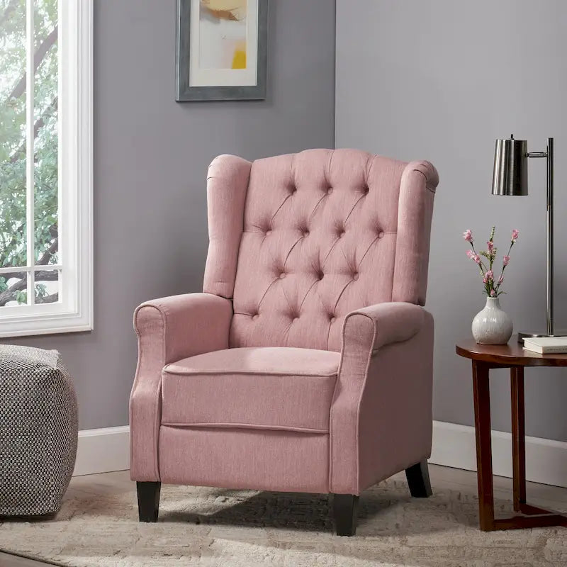 Poltrona reclinabile moderna Wingback Push-Back con poggiapiedi, capitonné, gambe in betulla