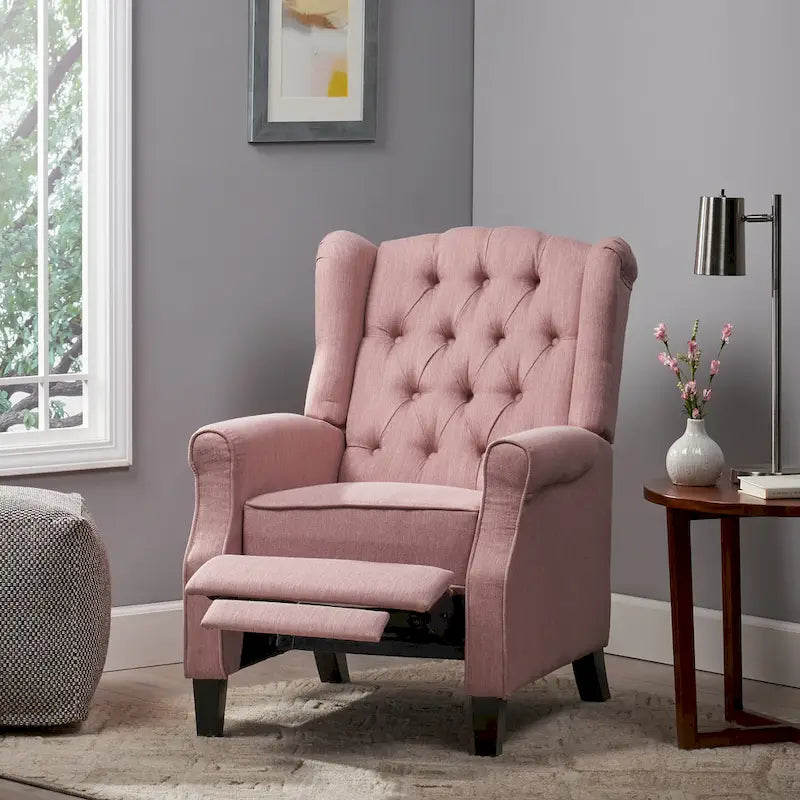 Poltrona reclinabile moderna Wingback Push-Back con poggiapiedi, capitonné, gambe in betulla