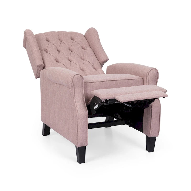 Poltrona reclinabile moderna Wingback Push-Back con poggiapiedi, capitonné, gambe in betulla
