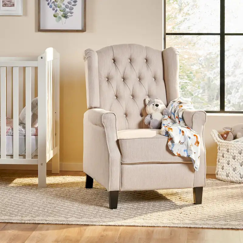 Poltrona reclinabile moderna Wingback Push-Back con poggiapiedi, capitonné, gambe in betulla