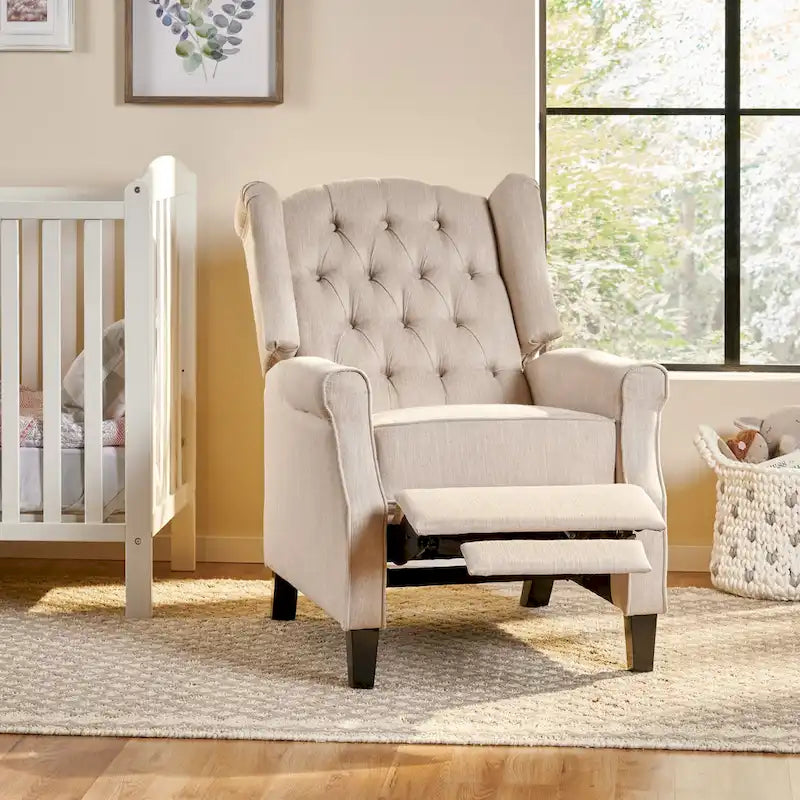 Poltrona reclinabile moderna Wingback Push-Back con poggiapiedi, capitonné, gambe in betulla