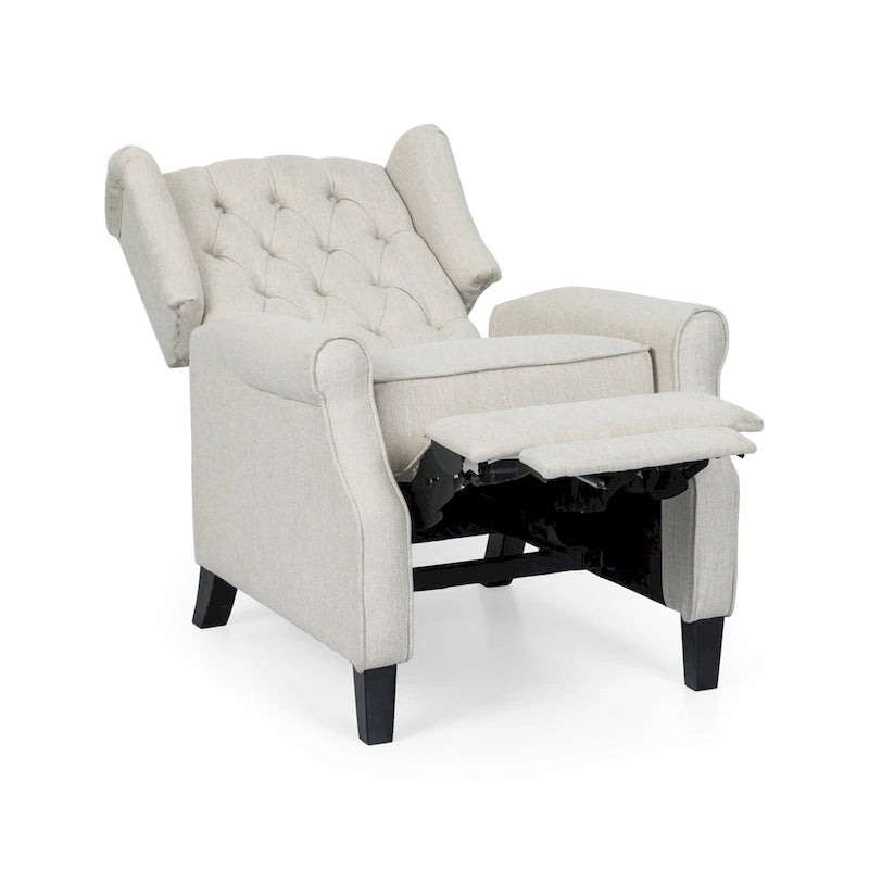 Poltrona reclinabile moderna Wingback Push-Back con poggiapiedi, capitonné, gambe in betulla