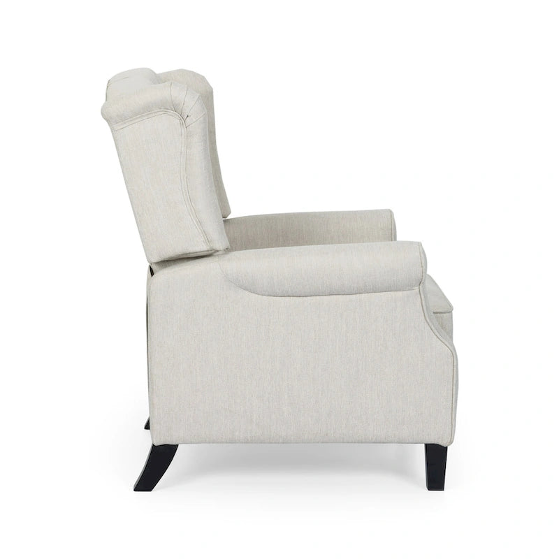 Poltrona reclinabile moderna Wingback Push-Back con poggiapiedi, capitonné, gambe in betulla