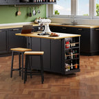 Large Drop-Leaf Kitchen Island Cart with Storage Drawers and Built-In Power Outlets Black
