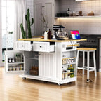 Large Drop-Leaf Kitchen Island Cart with Storage Drawers and Built-In Power Outlets Black