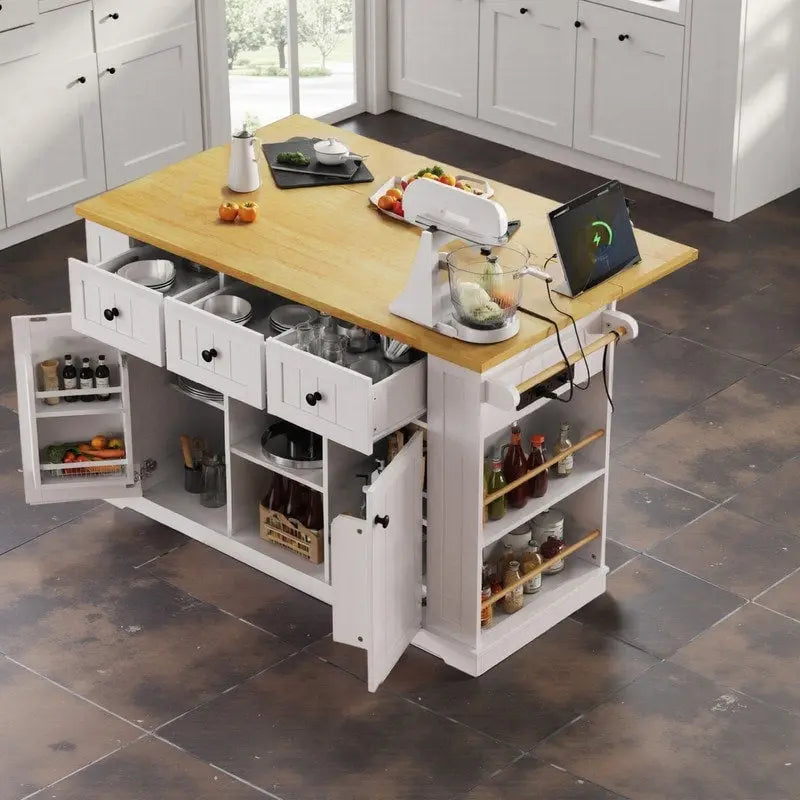 Large Drop-Leaf Kitchen Island Cart with Storage Drawers and Built-In Power Outlets Black