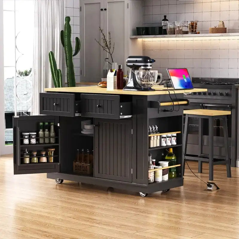 Large Drop-Leaf Kitchen Island Cart with Storage Drawers and Built-In Power Outlets Black