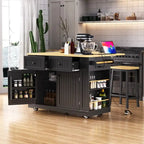 Large Drop-Leaf Kitchen Island Cart with Storage Drawers and Built-In Power Outlets Black