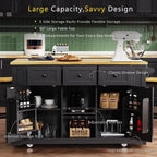 Large Drop-Leaf Kitchen Island Cart with Storage Drawers and Built-In Power Outlets Black