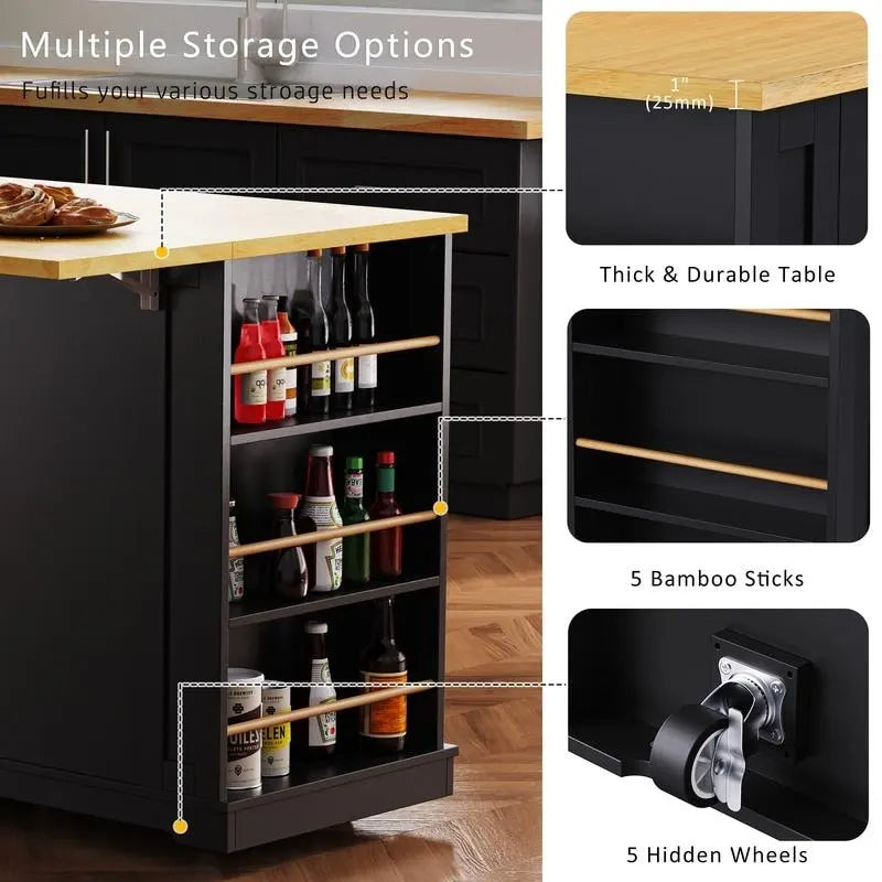 Large Drop-Leaf Kitchen Island Cart with Storage Drawers and Built-In Power Outlets Black