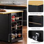 Large Drop-Leaf Kitchen Island Cart with Storage Drawers and Built-In Power Outlets Black