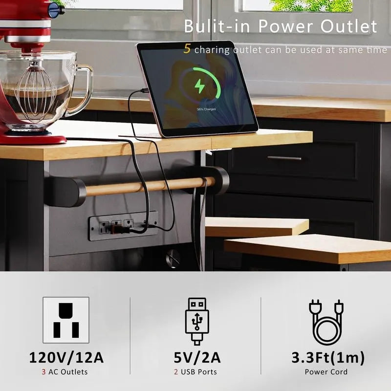 Large Drop-Leaf Kitchen Island Cart with Storage Drawers and Built-In Power Outlets Black
