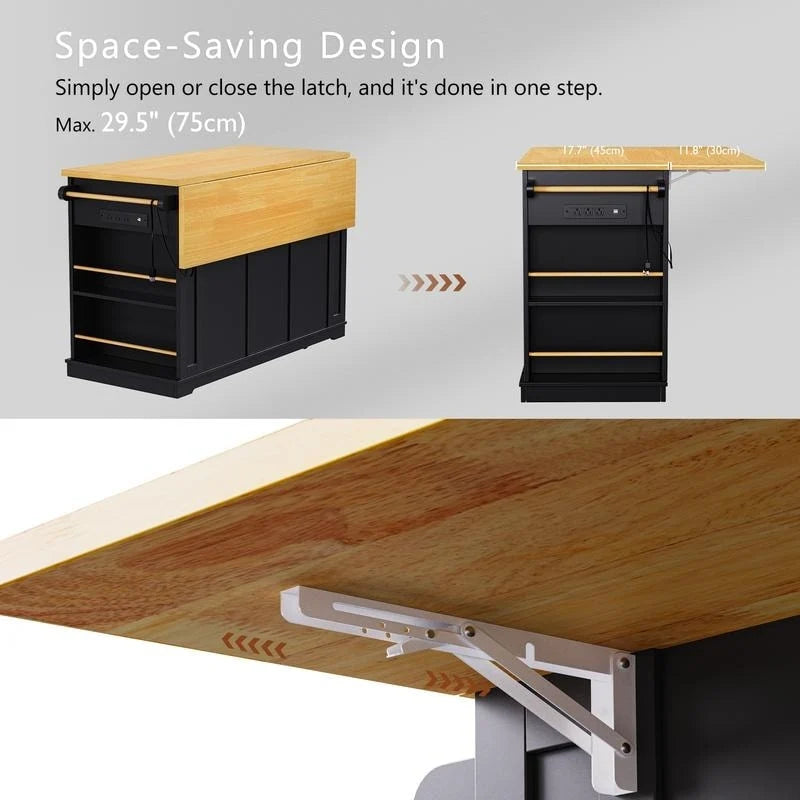 Large Drop-Leaf Kitchen Island Cart with Storage Drawers and Built-In Power Outlets Black