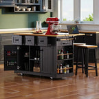 Large Drop-Leaf Kitchen Island Cart with Storage Drawers and Built-In Power Outlets Black