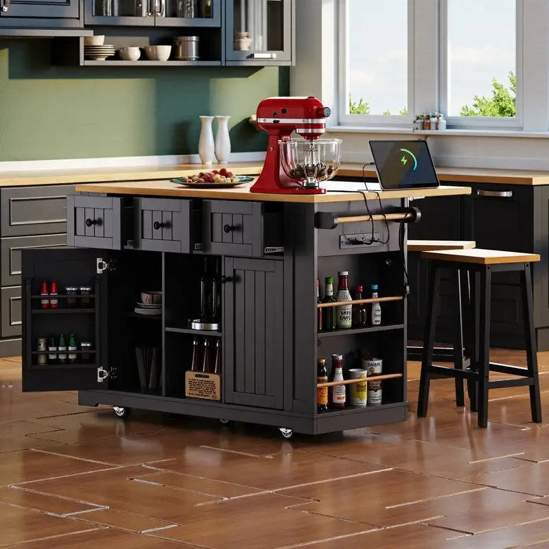 Large Drop-Leaf Kitchen Island Cart with Storage Drawers and Built-In Power Outlets Black