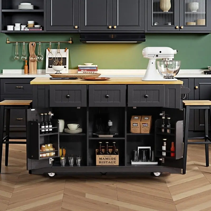 Large Drop-Leaf Kitchen Island Cart with Storage Drawers and Built-In Power Outlets Black