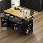Large Drop-Leaf Kitchen Island Cart with Storage Drawers and Built-In Power Outlets Black