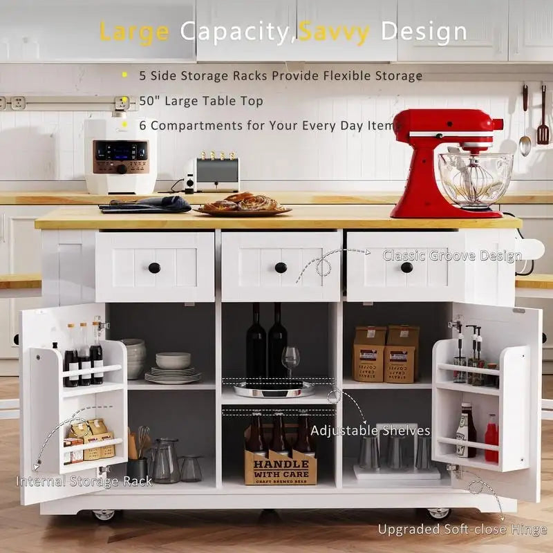 Large Drop-Leaf Kitchen Island Cart with Storage Drawers and Built-In Power Outlets Black