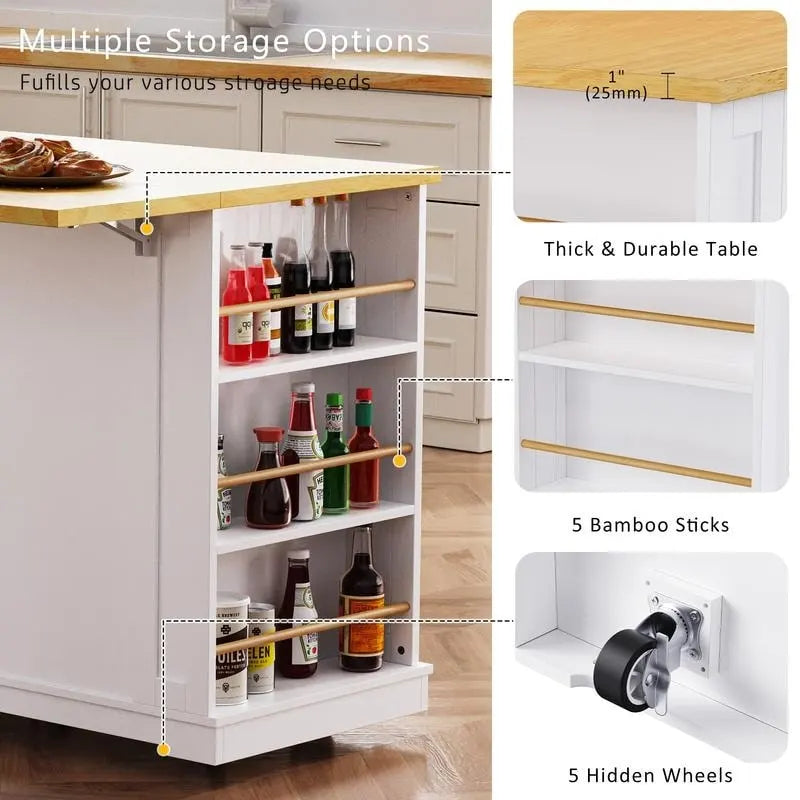Large Drop-Leaf Kitchen Island Cart with Storage Drawers and Built-In Power Outlets Black