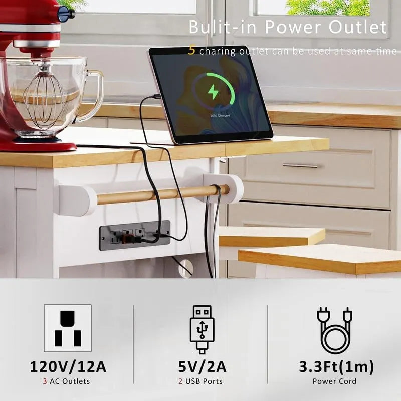 Large Drop-Leaf Kitchen Island Cart with Storage Drawers and Built-In Power Outlets Black
