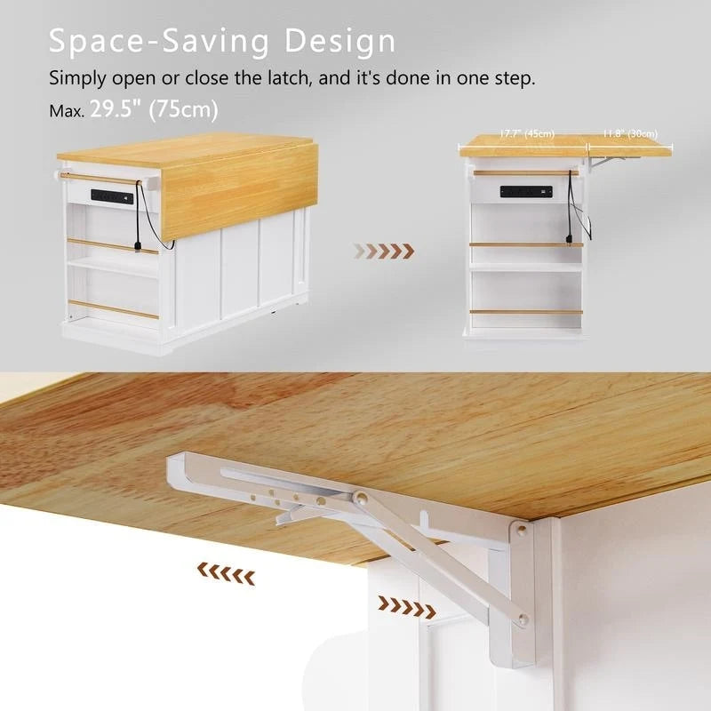 Large Drop-Leaf Kitchen Island Cart with Storage Drawers and Built-In Power Outlets Black