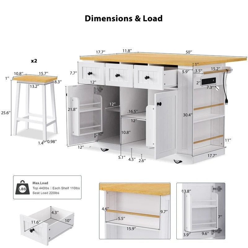 Large Drop-Leaf Kitchen Island Cart with Storage Drawers and Built-In Power Outlets Black