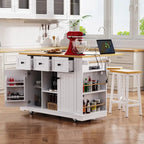Large Drop-Leaf Kitchen Island Cart with Storage Drawers and Built-In Power Outlets Black