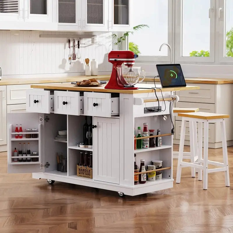 Large Drop-Leaf Kitchen Island Cart with Storage Drawers and Built-In Power Outlets Black