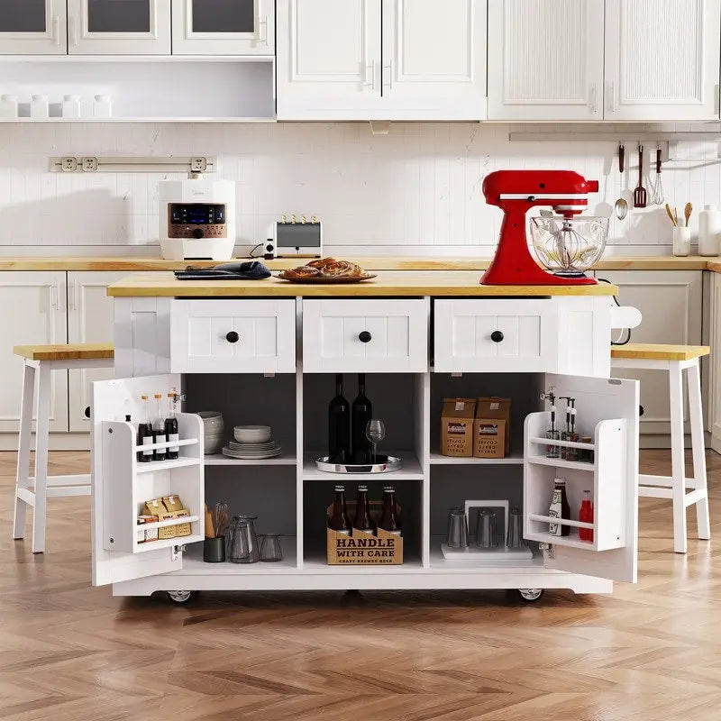 Large Drop-Leaf Kitchen Island Cart with Storage Drawers and Built-In Power Outlets Black