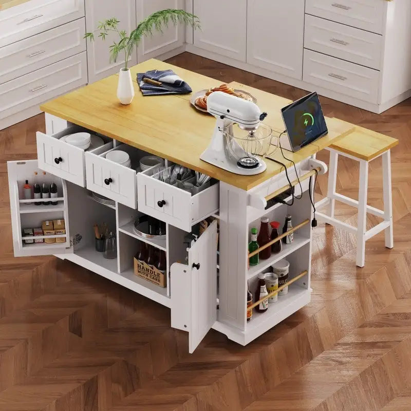 Large Drop-Leaf Kitchen Island Cart with Storage Drawers and Built-In Power Outlets Black