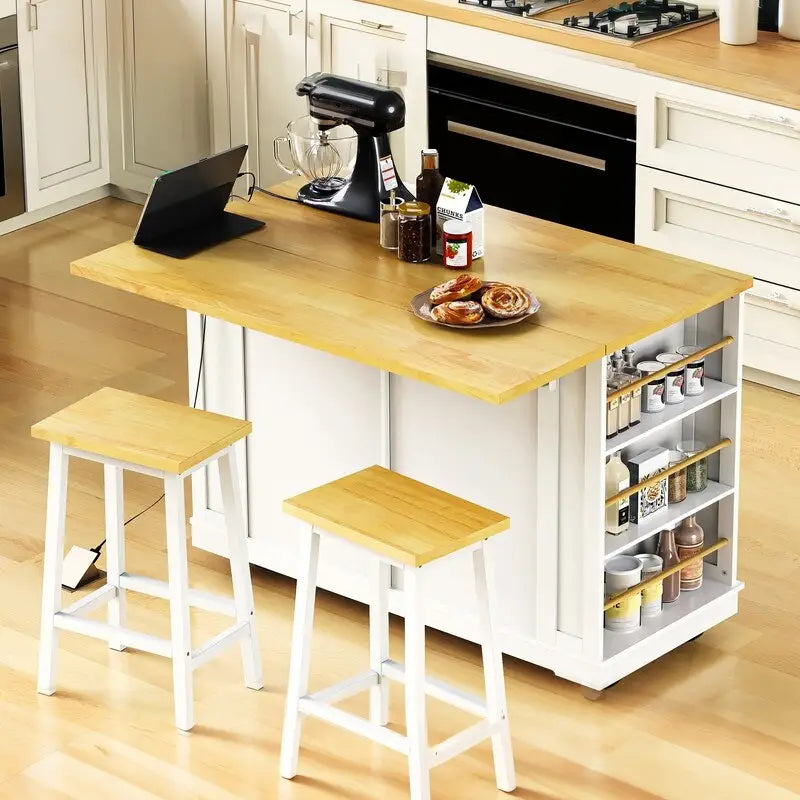 Large Drop-Leaf Kitchen Island Cart with Storage Drawers and Built-In Power Outlets Black