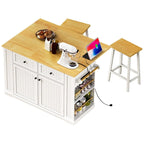 Large Drop-Leaf Kitchen Island Cart with Storage Drawers and Built-In Power Outlets Black