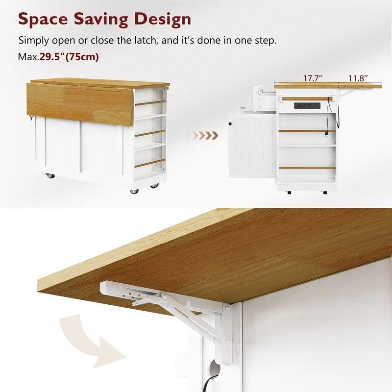 Large Drop-Leaf Kitchen Island Cart with Storage Drawers and Built-In Power Outlets Black