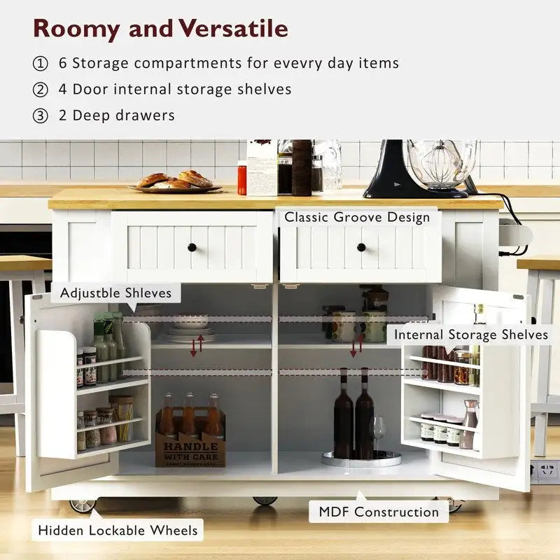 Large Drop-Leaf Kitchen Island Cart with Storage Drawers and Built-In Power Outlets Black