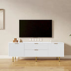White Fluted TV Stand with Two Drawers and Gold Metal Legs