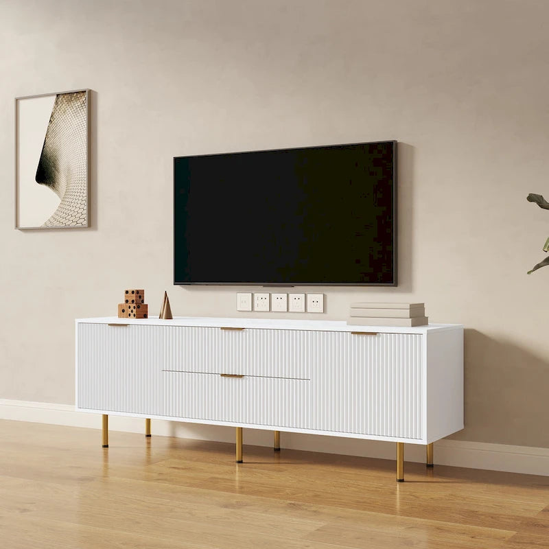 White Fluted TV Stand with Two Drawers and Gold Metal Legs