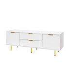 White Fluted TV Stand with Two Drawers and Gold Metal Legs