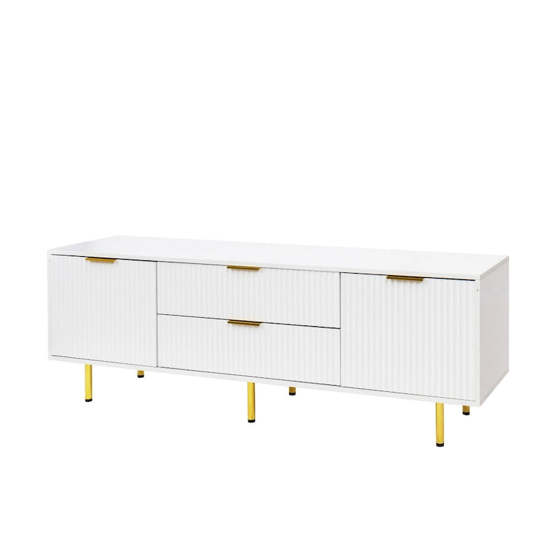 White Fluted TV Stand with Two Drawers and Gold Metal Legs