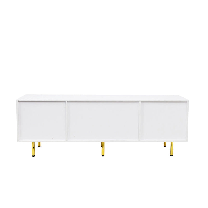 White Fluted TV Stand with Two Drawers and Gold Metal Legs