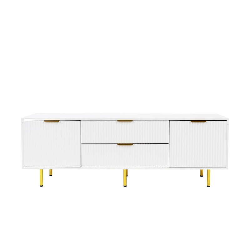 White Fluted TV Stand with Two Drawers and Gold Metal Legs