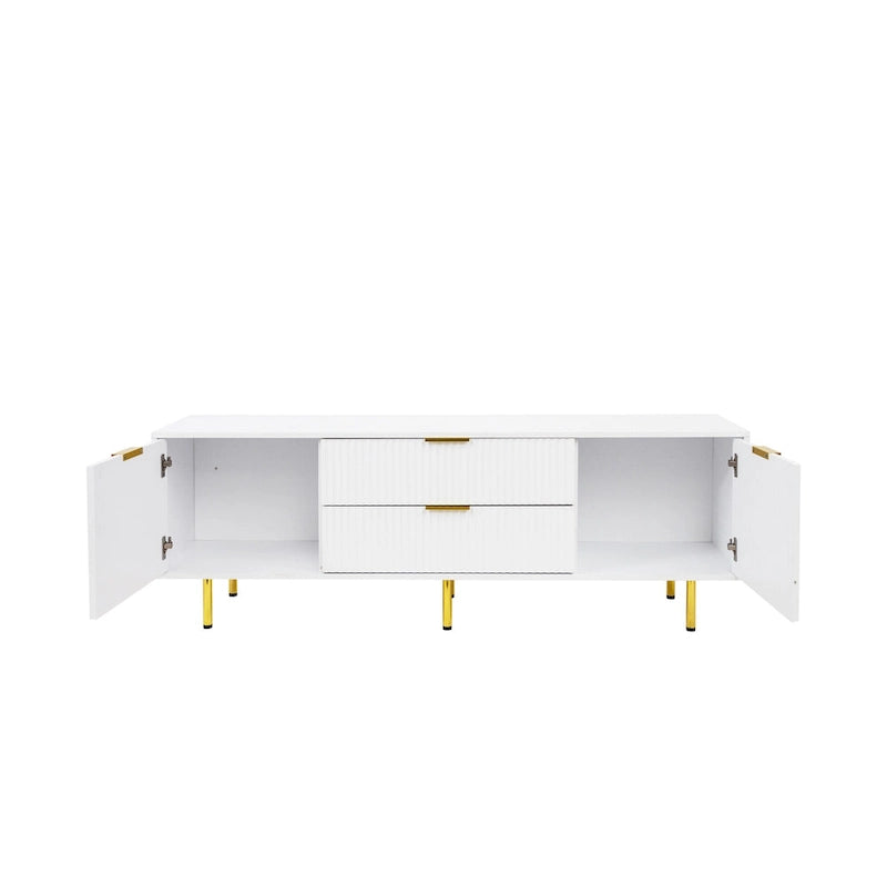 White Fluted TV Stand with Two Drawers and Gold Metal Legs