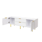 White Fluted TV Stand with Two Drawers and Gold Metal Legs