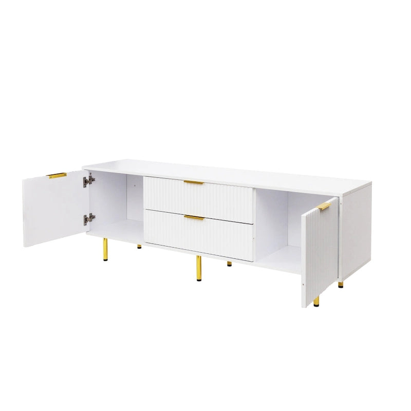White Fluted TV Stand with Two Drawers and Gold Metal Legs
