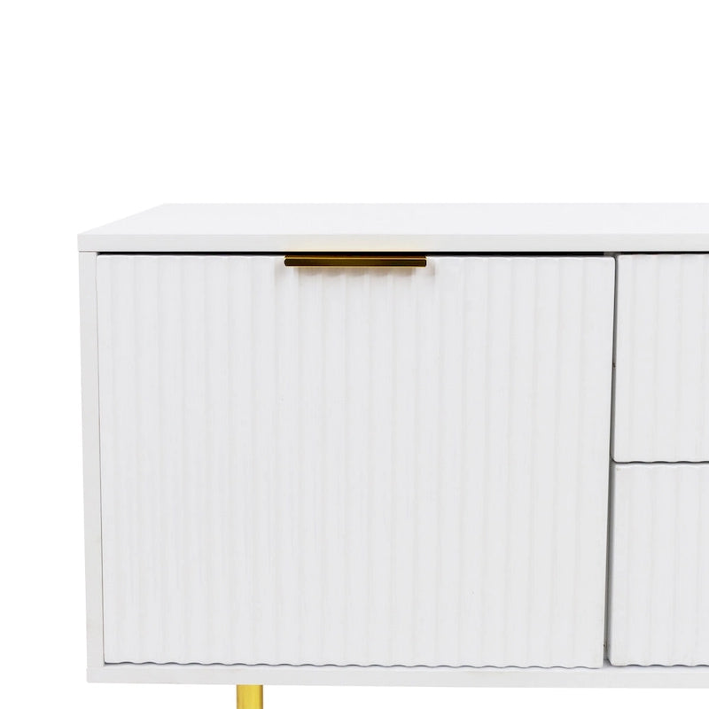White Fluted TV Stand with Two Drawers and Gold Metal Legs